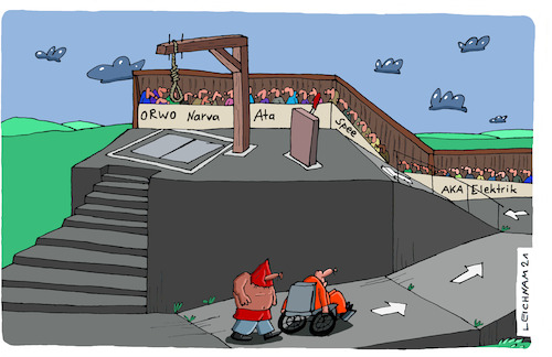 Cartoon: Strafe (medium) by Leichnam tagged strafe,hinrichtung,galgen,erhängen,auffahrt,rollstuhl,leichnam,leichnamcartoon,vollstreckung,strick,aufknüpfen,orwo,narva,spee