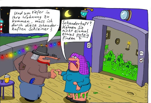 Cartoon: tiefer (medium) by Leichnam tagged tiefer,wohnung,leichnamcartoon,schauderhaft,schleimer,putzig,lichterkette,nacht,mond,monster,giftgrün