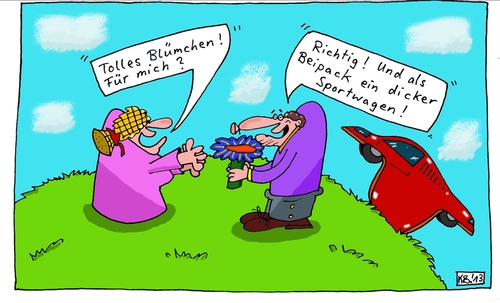 Cartoon: Tolles Blümchen (medium) by Leichnam tagged tolles,blümchen,freundschaft,liebe,zuneigung,übertreibung,fetter,dicker,sportwagen,geschenk,überraschung