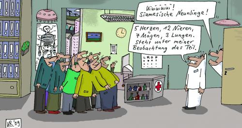 Cartoon: Uiuiuiuiui (medium) by Leichnam tagged uiuiuiuiui,siamesische,zwillinge,neunlinge,arzt,arztpraxis,krankenhaus,herz,niere,magen,lunge,beobachtung