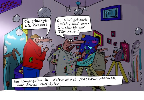 Cartoon: Umgang (medium) by Leichnam tagged umgang,umgangston,schwingen,picasso,pinsel,farbe,maler,kultur,zirkel,achtkantig,drohung,rustikal,schroff,rau,wütend