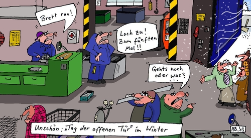 Cartoon: Unschön (medium) by Leichnam tagged unschön,tag,der,offenen,tür,loch,zu,brett,ran,gehts,noch,arbeitswelt,maloche,werkhalle,besucher