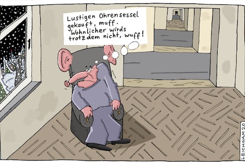 Cartoon: Unschön (medium) by Leichnam tagged unschön,ungemütlich,ohrensessel,leer,wohnung,unzufrieden,wuff,muff,möbelstück,leichnam,leichnamcartoon