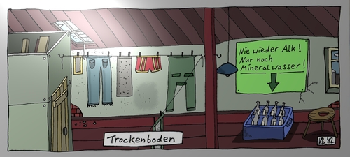 Cartoon: Unter dem Dach (medium) by Leichnam tagged dach,dachboden,oberboden,trockenboden,wäsche,alkohol,mineralwasser,bier,trinkecke,nie,wieder