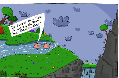 Cartoon: Unterwegs (medium) by Leichnam tagged unterwegs,wasserfall,wasserwanderung,schwimmer,schwimmlehrer,dorn,vortritt,höflichkeit,abgrund,leichnam,leichnamcartoon