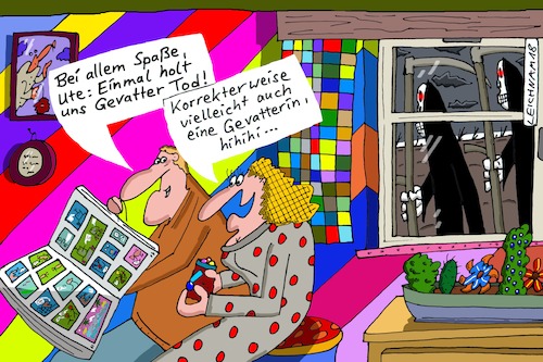 Cartoon: Ute (medium) by Leichnam tagged ute,spaß,comic,gevatter,schnitter,tod,korrektheit,gevatterin,sense,zwei,leichnam,leichnamcartoon