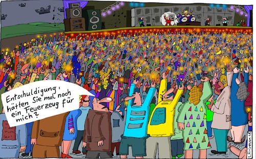Cartoon: Veranstaltung (medium) by Leichnam tagged veranstaltung,rockkonzert,feuerzeuge,licht,fans,ballade,schwenken,stimmung,leichnam,leichnamcartoon,verzeihung,anfrage