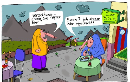 Cartoon: Verzeihung (medium) by Leichnam tagged verzeihung,essen,trinken,restaurant,gesthaus,gastwirtschaft,nachgefragt,nachgehakt,gast,gäste,fressen,gier,gierig,leichnam,zum,bock,leichnamcartoon