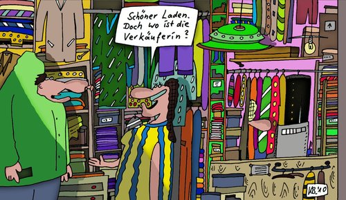Cartoon: Vollgepfropft (medium) by Leichnam tagged vollgepfropft,laden,bekleidung,hosen,jacken,verkäuferin,kunden,klamotten,stoffe,verkauf