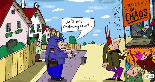 Cartoon: vom Amte (medium) by Leichnam tagged vom,amte,müller,ordnungsamt,punkkonzert,krach,krawall,spießbürger,days,of,chaos,rockmusik