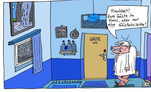 Cartoon: Wartezeit (medium) by Leichnam tagged wartezeit,wasser,urin,gästetoilette,wc,klo,besetzt,im,haus,regen,wasserfall,mineralwasser,blau,hellblau