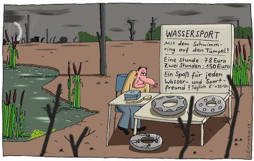 Cartoon: Warum nicht? (medium) by Leichnam tagged warum,nicht,wassersport,tümpel,schwimmring,schwimmhilfe,preise,spaß,sportfreunde,kasse,geschäftsidee,einsam,leichnam,leichnamcartoon