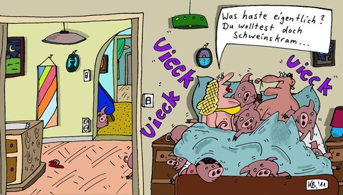 Cartoon: Was haste eigentlich? (medium) by Leichnam tagged ferkel,schweinskram,eigentlich,haste,was,tiere,date,bett,erschrocken,verwundert,konsterniert,leichnam