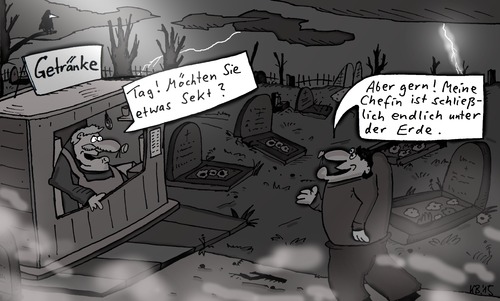 Cartoon: was zu süffeln (medium) by Leichnam tagged was,zu,süffeln,sekt,friedhof,totenacker,getränkestand,verkauf,verkäufer,chefin,untergebener,boss