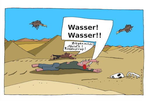 Cartoon: Wasser (medium) by Leichnam tagged wasser,wüste,kriechen,verdursten,ebene,sand,verloren,geier,leichnam,leichnamcartoon,ziegenmilch,absinth,rübensirup,flüssigkeit