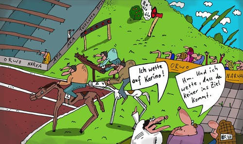 Cartoon: Wette (medium) by Leichnam tagged wette,leichnam,pferderennen,jockeys,tiere,wettkampf,klepper,klapprig,ziel,start,karino