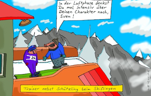 Cartoon: Wintersport (medium) by Leichnam tagged wintersport,skifliegen,trainer,sven,charakter,flugphase,in,der,luft,springen,fliegen,schnee,hoch,oben,schützling