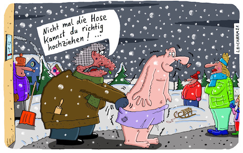 Cartoon: Winterurlaub (medium) by Leichnam tagged winterurlaub,schabracke,kälte,schnee,eis,badehose,gattin,ehe,frieren,hochziehen,hose,leichnam,leichnamcartoon,schal,mütze,frost,ungemütlich