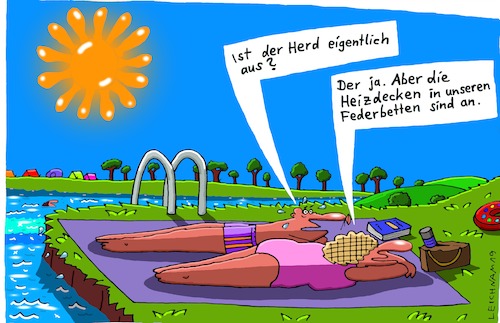 Cartoon: Wochenende (medium) by Leichnam tagged unpolitisch,leichnam,leichnamcartoon,hitze,sommer,wasser,badesee,herd,heizdecken,planschen,freizeit,sonne,sorge