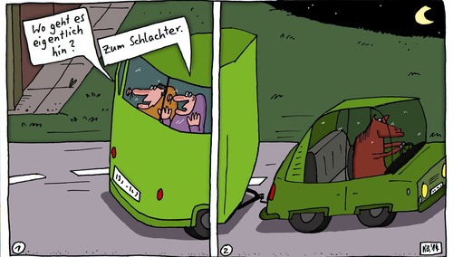 Cartoon: Wohin? (medium) by Leichnam tagged wohin,schlachter,ross,pferd,menschen,transport,schlachthaus,durch,die,nacht