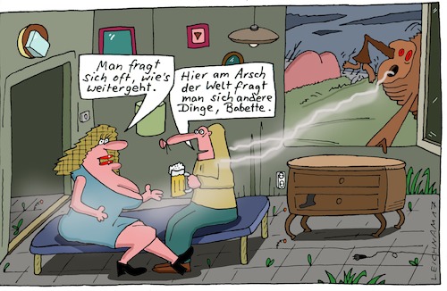 Cartoon: Wohnung (medium) by Leichnam tagged wohnung,zukunft,sorgen,arsch,der,welt,andere,dinge,düsternis,babette,leichnam,leichnamcartoon,trübe,bekümmerung,kummer,geister,tod,absterben,trist,karg,ende