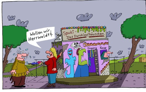 Cartoon: Wollen wir? (medium) by Leichnam tagged wollen,wir,herrwaaldt,spukhaus,spukhäuschen,attraktion,durchlaufgeschäft,ehemann,angst,todesangst,zitternd,kasse,eingang,leichnam,leichnamcartoon