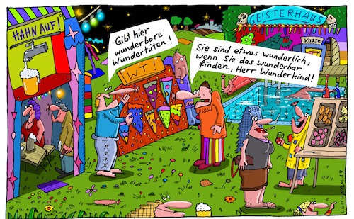 Cartoon: WT (medium) by Leichnam tagged wt,wundertüten,wunderkind,wunderlich,stand,festlichkeit,lichterkette,nacht,mond,sterne,pool,geisterhaus,durchlaufgeschäft,leichnam,leichnamcartoon,bierzelt,speise,trank