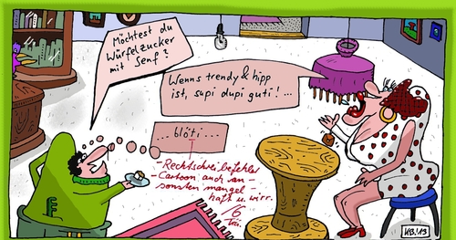 Cartoon: Würfel (medium) by Leichnam tagged würfelzucker,mit,senf,möchtest,du,angebot,dame,trendy,hipp,hop,guti,supi,blöti,rechtschreibefehler,cartoon,mangelhaft,wirr,sechs,zensur,lehrer