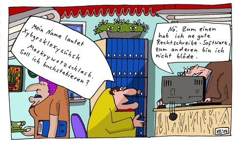 Cartoon: Xybgrs ... (medium) by Leichnam tagged angaben,akten,vorzimmerdame,blöde,nicht,rechtschreibung,software,nö,büro,buchstabieren,name,xybgrs