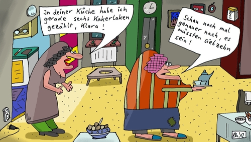 Cartoon: Zählung (medium) by Leichnam tagged zählung,küche,kakerlaken,sechs,siebzehn,ungeziefer,entsetzen,lethargie,genauer,nachsehen,freundinnen,klara