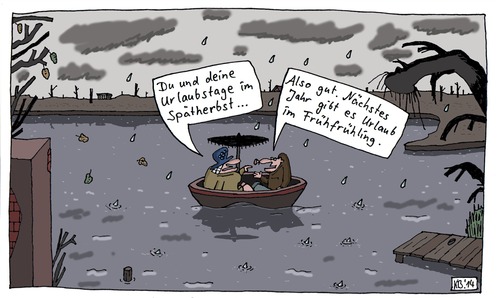 Cartoon: Zu Wasser (medium) by Leichnam tagged zu,wasser,trübe,gedanken,regen,nußschale,spätherbst,dunkelheit,düsternis,frühling,ehepaar,tümpel,weiher,see,teich,ende,der,welt,schirm,schutz,nässe,unzufriedenheit,nächstes,jahr,freizeit,beklommenheit,urlaub