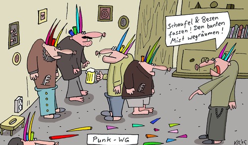 Cartoon: Zuckersteif (medium) by Leichnam tagged zuckersteif,punk,wg,wohngemeinschaft,haar,bunt,farbig,schaufel,und,besen,säuberung,reinigung,aufräumen,mist,schimpfen,zanken,chef,boss,unordnung