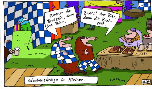 Cartoon: zuerst (medium) by Leichnam tagged zuerst,brotzeit,bier,blauweiße,geschichten,festzelt,glaubenskrieg,essen,und,trinken