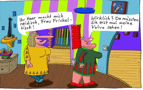 Cartoon: Zwei Damen (medium) by Leichnam tagged zwei,damen,vulva,haarpracht,haarschopf,neid,neidisch,bewunderung,prahlerei,leichnam,leichnamcartoon