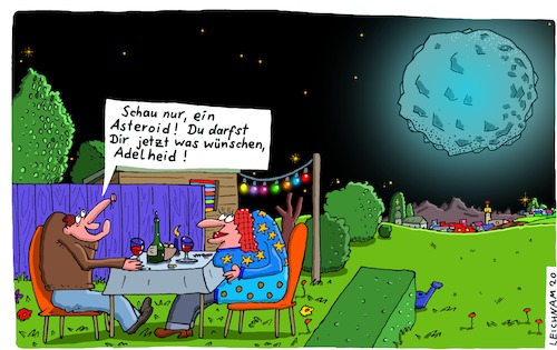 Cartoon: Zwei Menschen (medium) by Leichnam tagged menschen,tisch,vorgärtchen,speise,trank,asteroid,ankunft,impact,wünschen,wunsch,adelheid,begeisterung,nacht,lichterkette,sterne,leichnamcartoon,leichnam