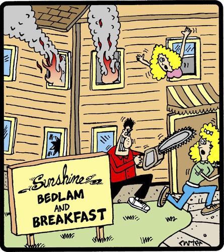 Cartoon: Bedlam and Breakfast (medium) by cartertoons tagged breakfast,bed,hospitality,hotels,mayhem,breakfast,bed,hospitality,hotels,mayhem