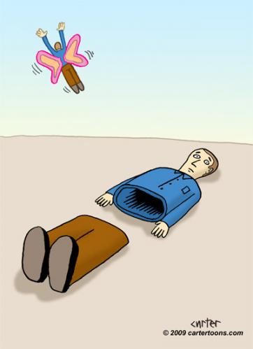 Cartoon: Metamorphosis (medium) by cartertoons tagged butterfly,man,metamorphosis,flying,shell,wings,sky