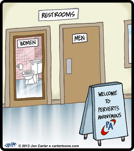 Cartoon: Perverts Anonymous (medium) by cartertoons tagged perverts,voyeurism,bathrooms,restrooms,women,men,signs,love,perverts,voyeurism,bathrooms,restrooms,sex,women,men,signs,love