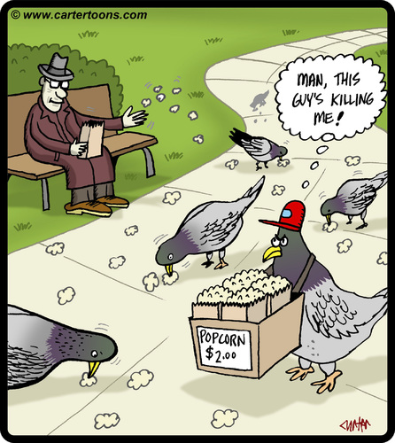 Cartoon: Pigeon undercutter (medium) by cartertoons tagged pigeons,birds,animals,popcorn,food,feeding,parks,sales,selling,business