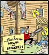 Cartoon: Bedlam and Breakfast (small) by cartertoons tagged breakfast,bed,hospitality,hotels,mayhem