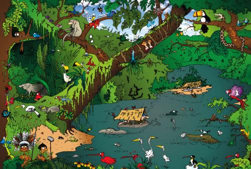 Cartoon: Dschungelwahnsinn (medium) by bananajoe tagged dschungel,urwald,bäume,laub,blätter,pflanzen,tiere,cartoon,comic,vögel,tucan,indianer,