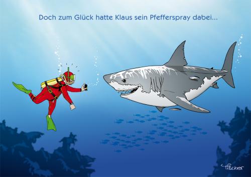 Cartoon: Selbstschutz im Alltag (medium) by bananajoe tagged comic,cartoon,meer,sea,water,ocean,underwater,riff,taucher,swimmer,schutz,selbstverteidigung,shark,fische,blue,blau,deep,weißer,begegnung,situation,danger,gefahr,