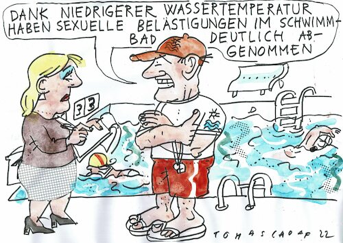 Cartoon: Abkühlung (medium) by Jan Tomaschoff tagged energie,schwimmbad,temperatur,sparen,energie,schwimmbad,temperatur,sparen