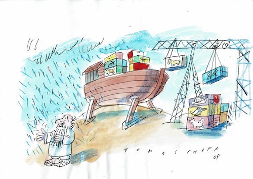 Cartoon: Arche Nova (medium) by Jan Tomaschoff tagged arche,noah,schiff,hafen,container,tiere,regen,bibel,rettung,transport,modern,arche,noah,schiff,hafen,container,tiere,regen,bibel,rettung,transport,modern