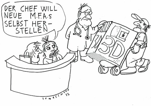 Cartoon: Arzthelferin (medium) by Jan Tomaschoff tagged arzthelferin,mfa,fachkräftemangel,praxis,arzthelferin,mfa,fachkräftemangel,praxis