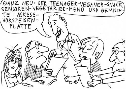 Cartoon: Askese (medium) by Jan Tomaschoff tagged dioxin,futtermittelskandal,veganer,vegetarier,askese,essen,ernährung,dioxin,futtermittelskandal,veganer,vegetarier,askese,essen,ernährung