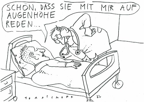 Cartoon: Augenhöhe (medium) by Jan Tomaschoff tagged kranenhaus,arzt,patient,kommunikation,kranenhaus,arzt,patient,kommunikation