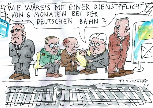 Cartoon: Bahn (medium) by Jan Tomaschoff tagged bahn,streik,dienstpflicht,bahn,streik,dienstpflicht