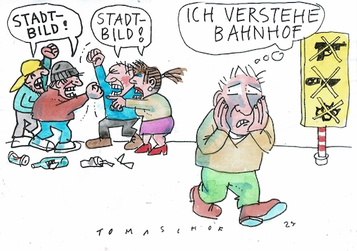 Cartoon: Bahnhof (medium) by Jan Tomaschoff tagged merz,migration,sicherheit,gewalt,merz,migration,sicherheit,gewalt