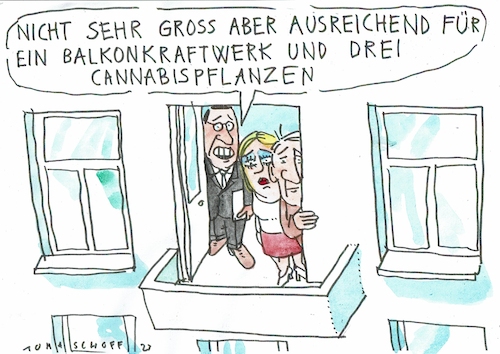 Cartoon: Balkon (medium) by Jan Tomaschoff tagged wohnungsnot,balkonkraftwerk,cannabis,wohnungsnot,balkonkraftwerk,cannabis
